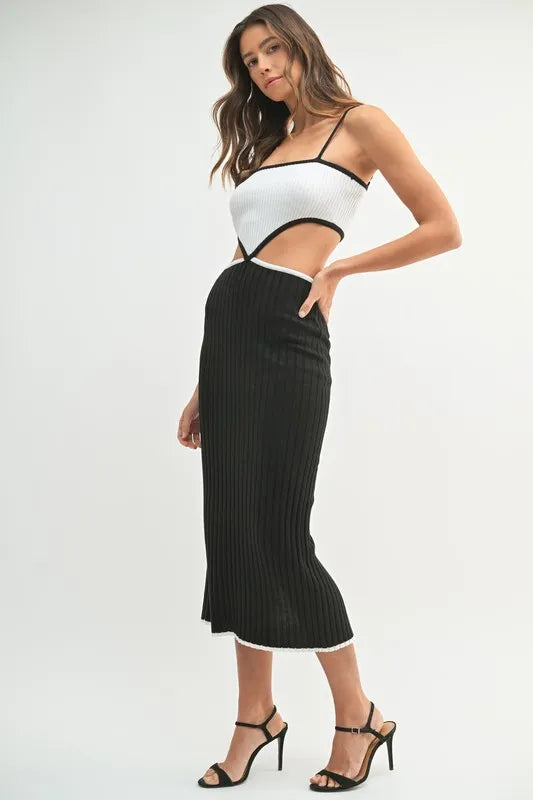Mable Ribbed Knit Color Block Cutout Midi Dress.