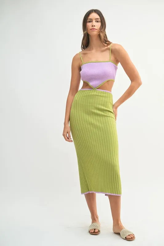 Mable Ribbed Knit Color Block Cutout Midi Dress.