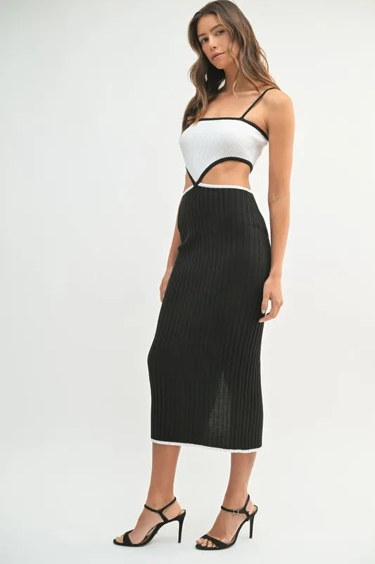 Mable Ribbed Knit Color Block Cutout Midi Dress.