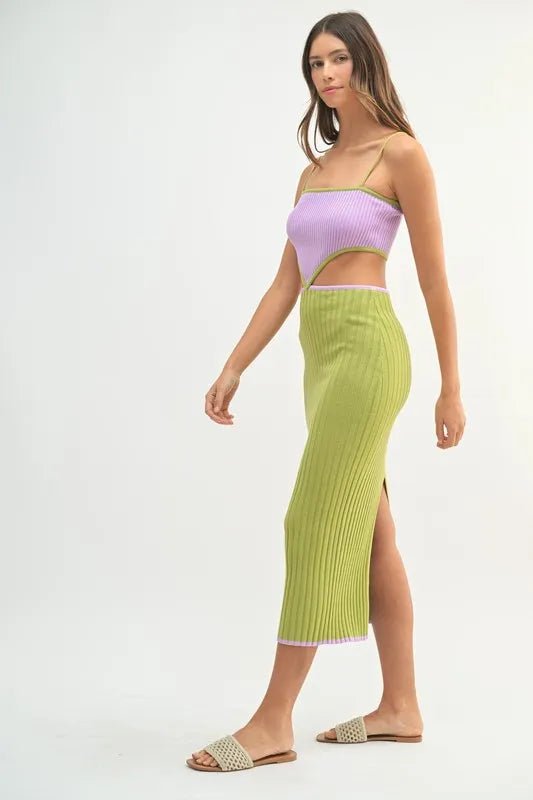 Mable Ribbed Knit Color Block Cutout Midi Dress.