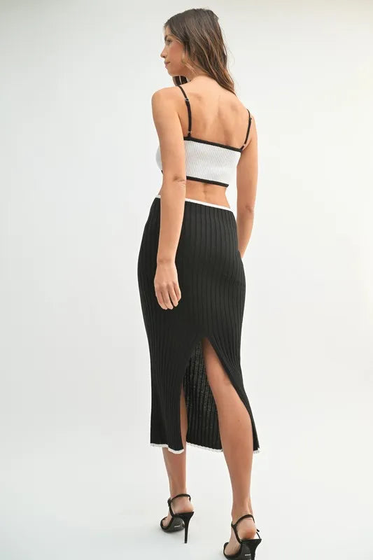Mable Ribbed Knit Color Block Cutout Midi Dress.