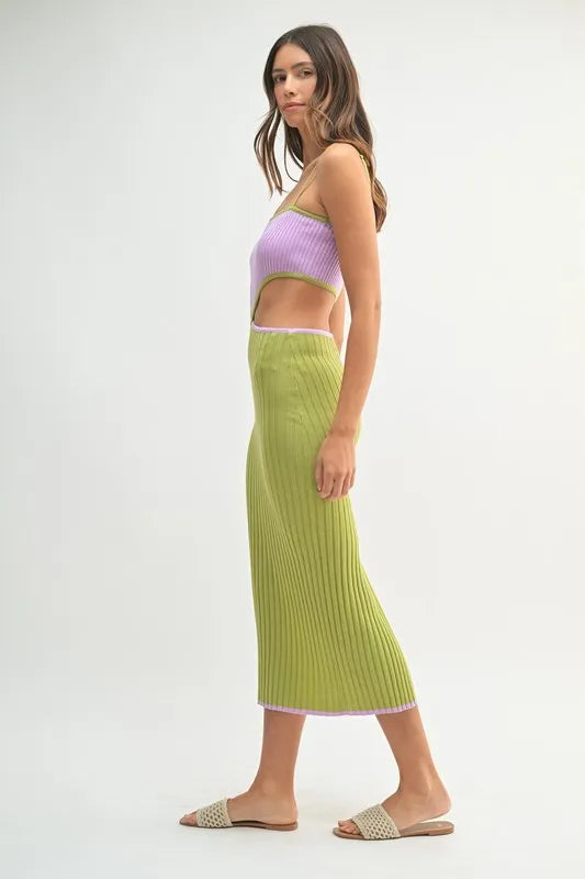 Mable Ribbed Knit Color Block Cutout Midi Dress.