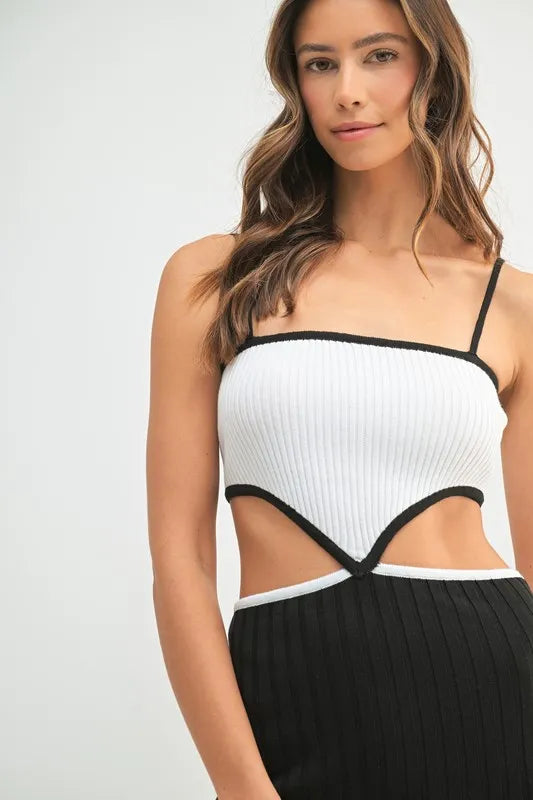 Mable Ribbed Knit Color Block Cutout Midi Dress.