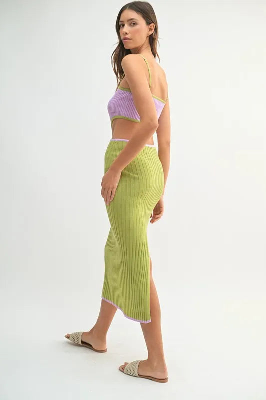 Mable Ribbed Knit Color Block Cutout Midi Dress.