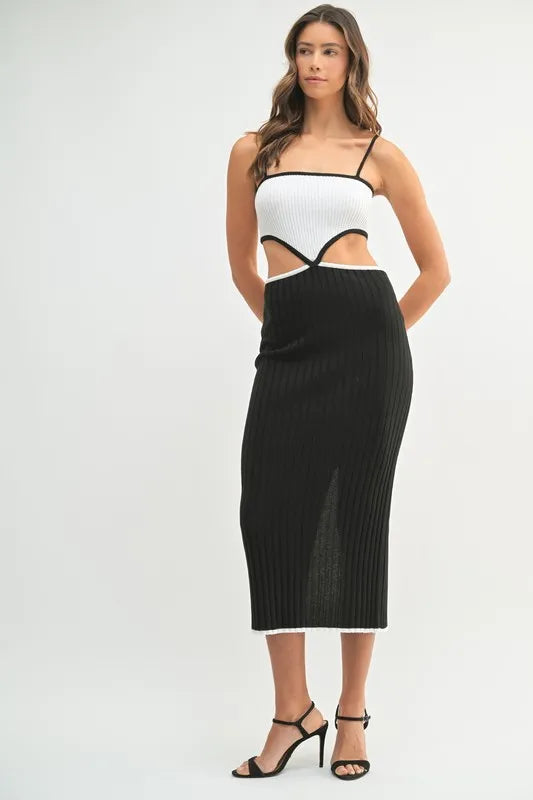 Mable Ribbed Knit Color Block Cutout Midi Dress.