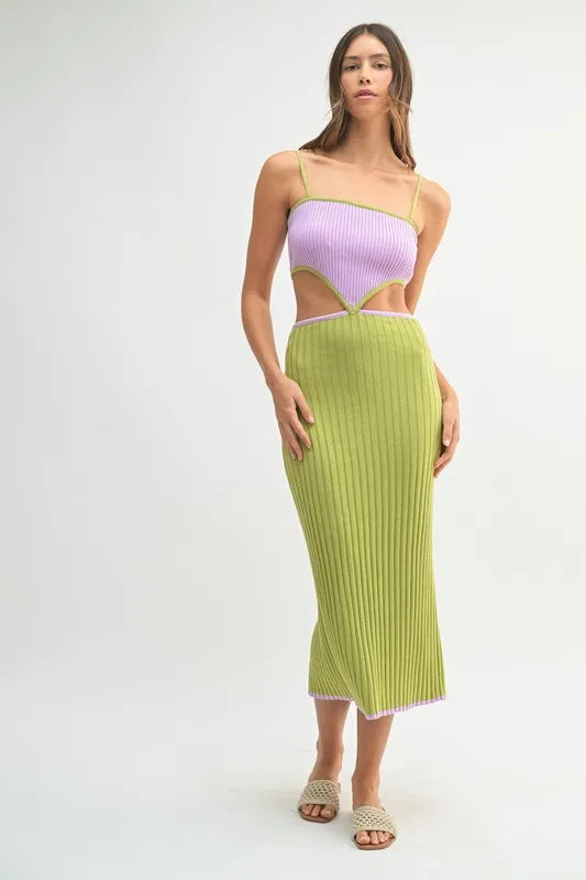 Mable Ribbed Knit Color Block Cutout Midi Dress.