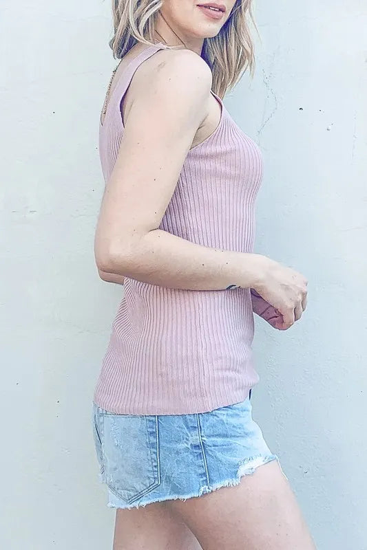 Ribbed knit slim tank, moderately stretchy.