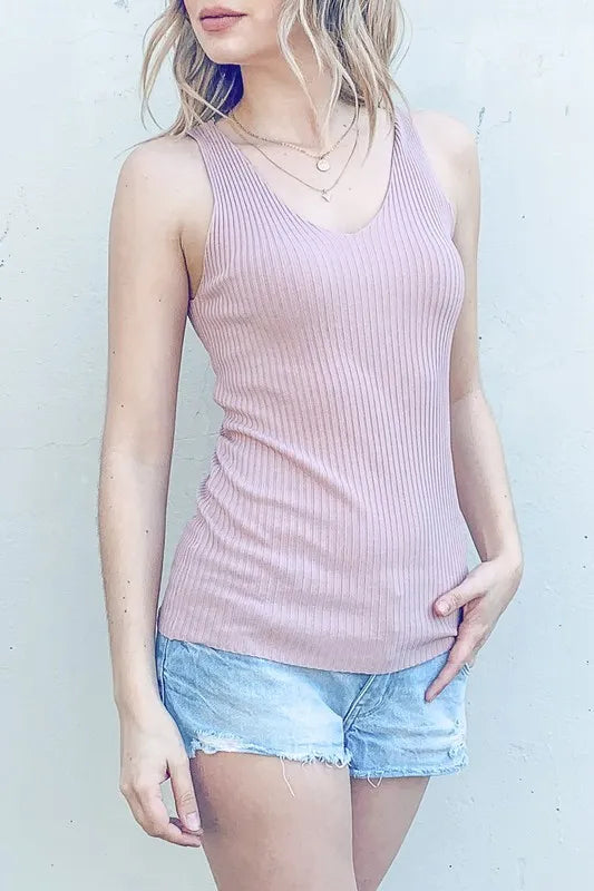 Ribbed knit slim tank, moderately stretchy.