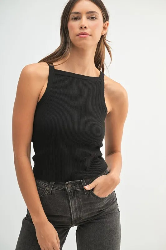 Ribbed knit tank, slightly stretchy.