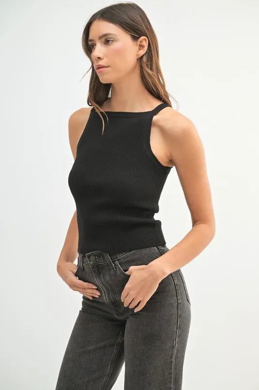 Ribbed knit tank, slightly stretchy.