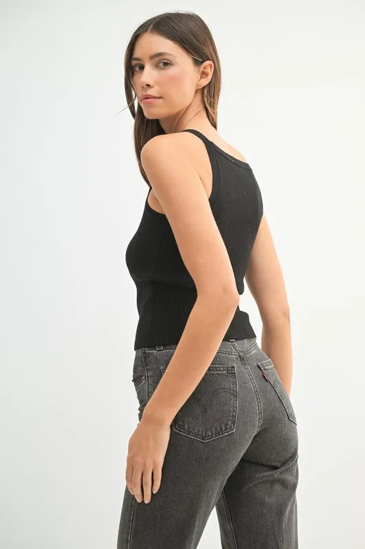 Ribbed knit tank, slightly stretchy.