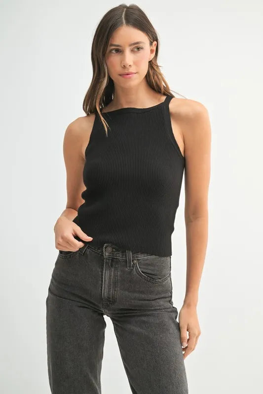 Ribbed knit tank, slightly stretchy.