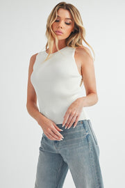 Ribbed round neck knit tank, opaque and slightly stretchy.