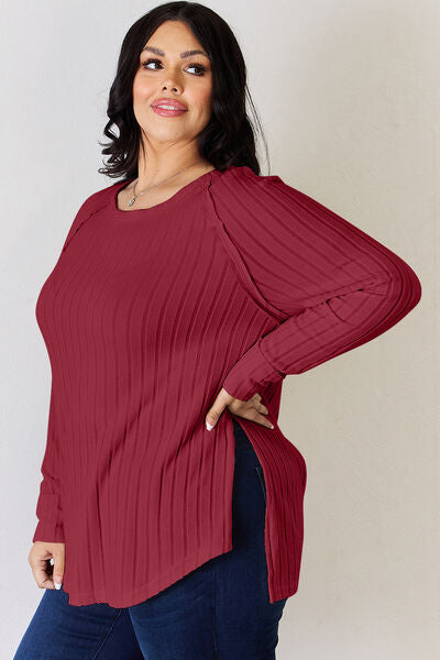 Ribbed Round Neck Slit T-Shirt