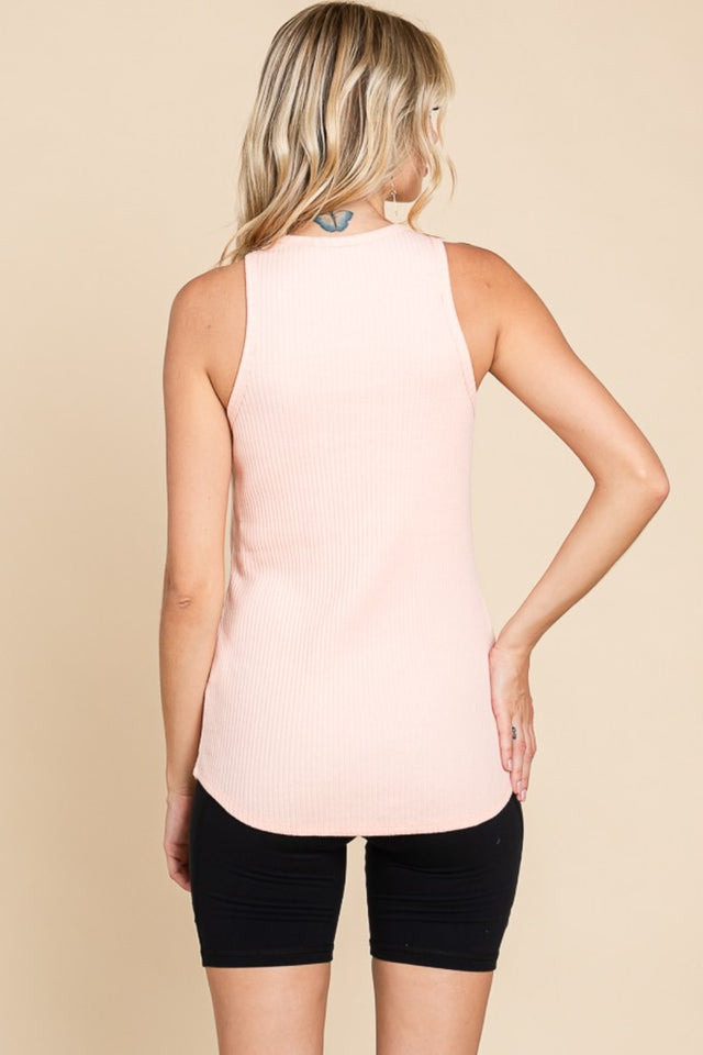 Ribbed round neck tank, opaque and moderately stretchy.