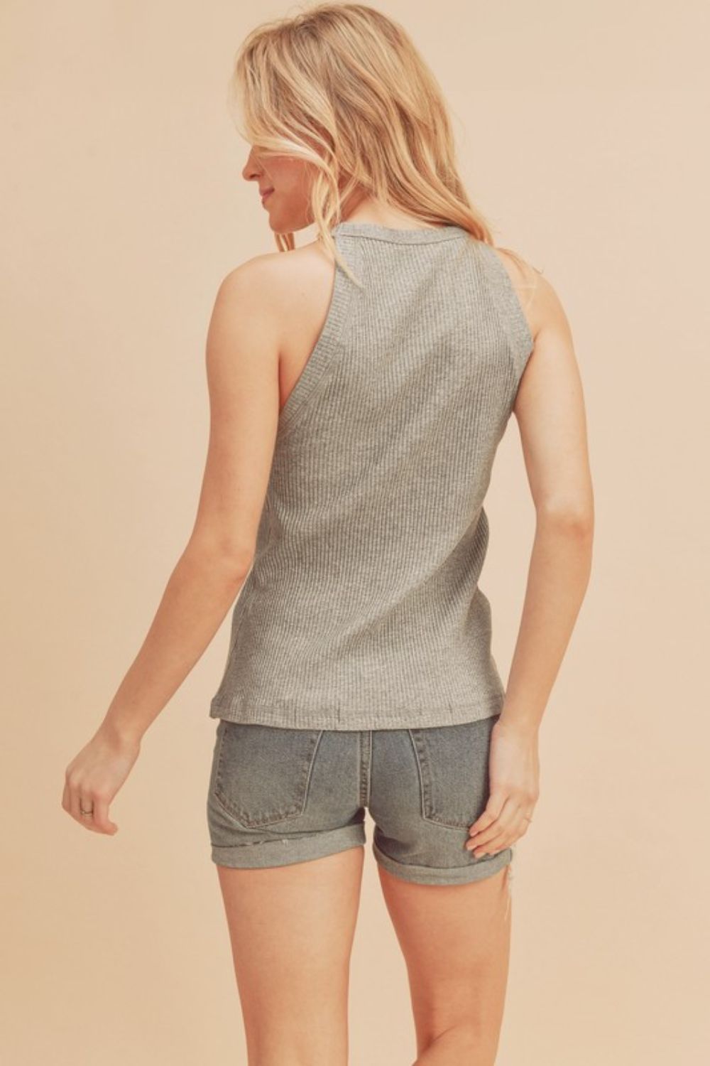Ribbed round neck tank, opaque and slightly stretchy.