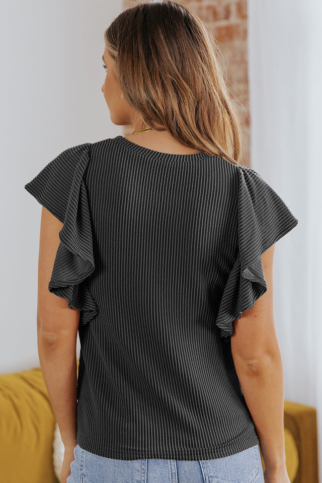Ribbed Ruffle Trim Round Neck Top.