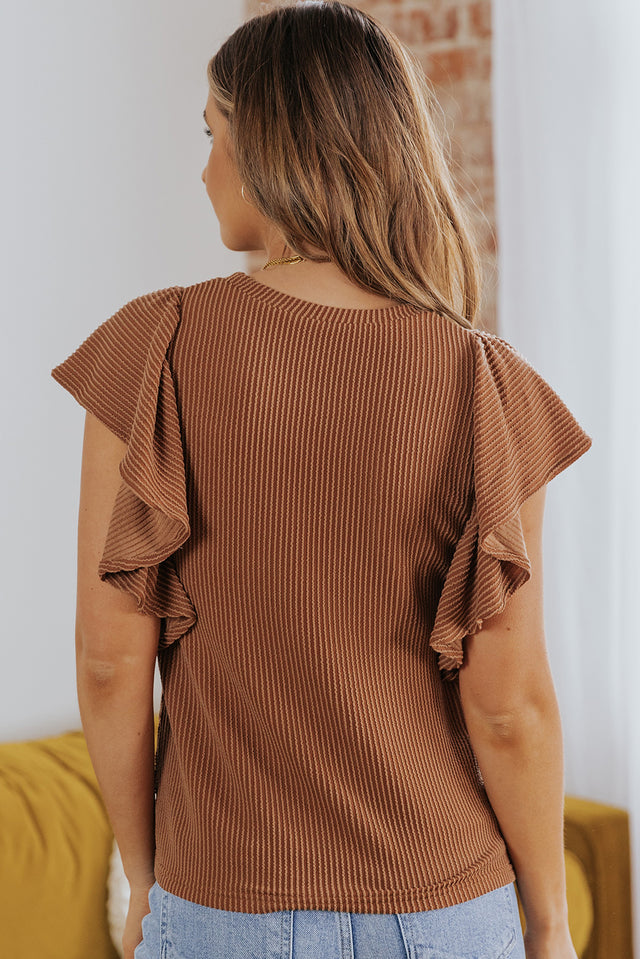 Ribbed Ruffle Trim Round Neck Top.