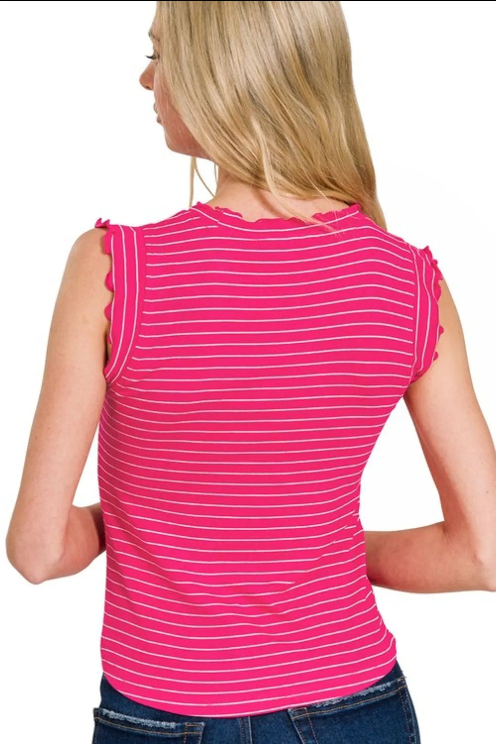 Ribbed ruffle trim sleeveless stripe top.
