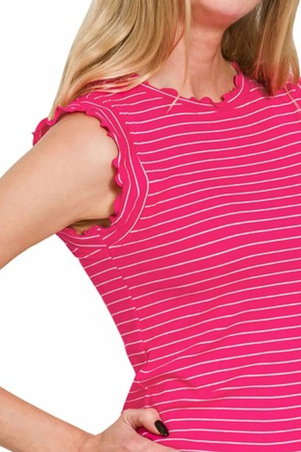 Ribbed ruffle trim sleeveless stripe top.
