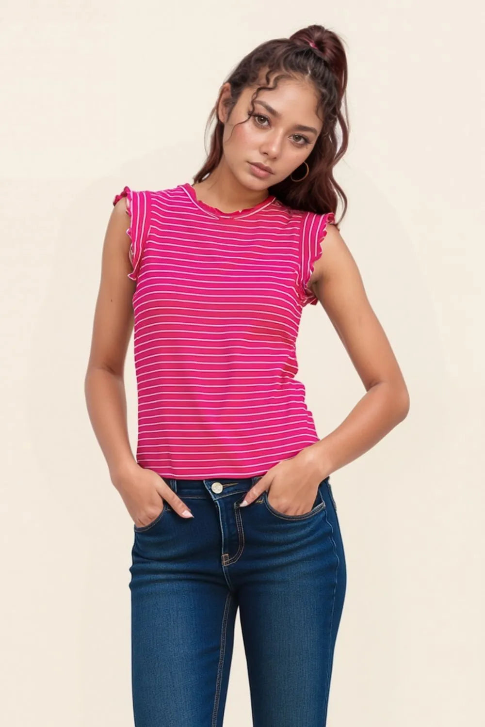 Ribbed ruffle trim sleeveless stripe top.