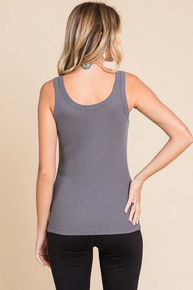 Full size ribbed scoop neck tank, opaque and moderately stretchy.