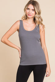 Full size ribbed scoop neck tank, opaque and moderately stretchy.