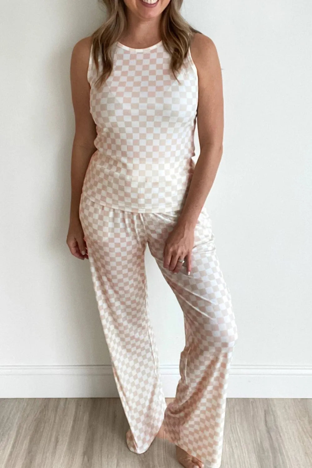 Ribbed Texture Checkered Print Tank and Pants Set.