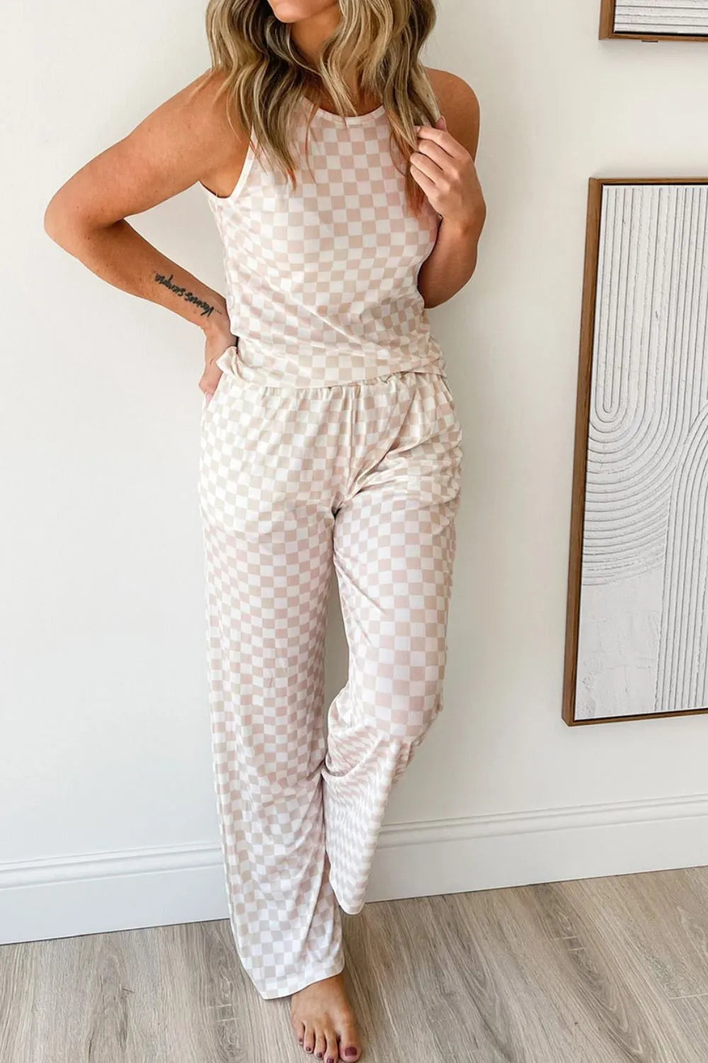 Ribbed Texture Checkered Print Tank and Pants Set.