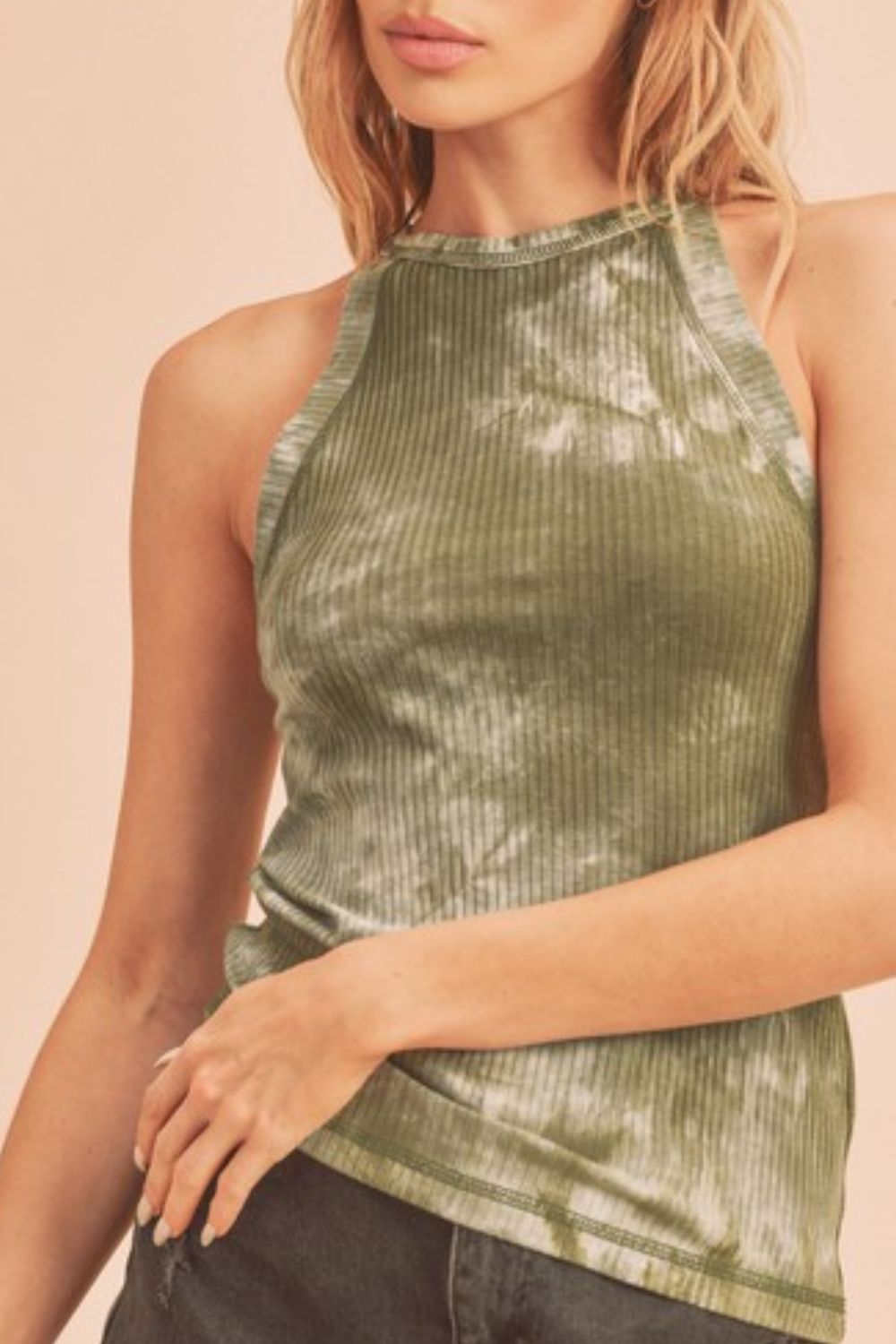 Ribbed tie-dye round neck tank, opaque and slightly stretchy.