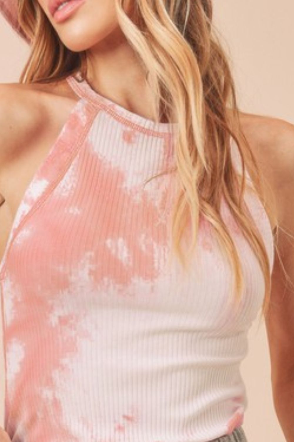 Ribbed tie-dye round neck tank, opaque and slightly stretchy.