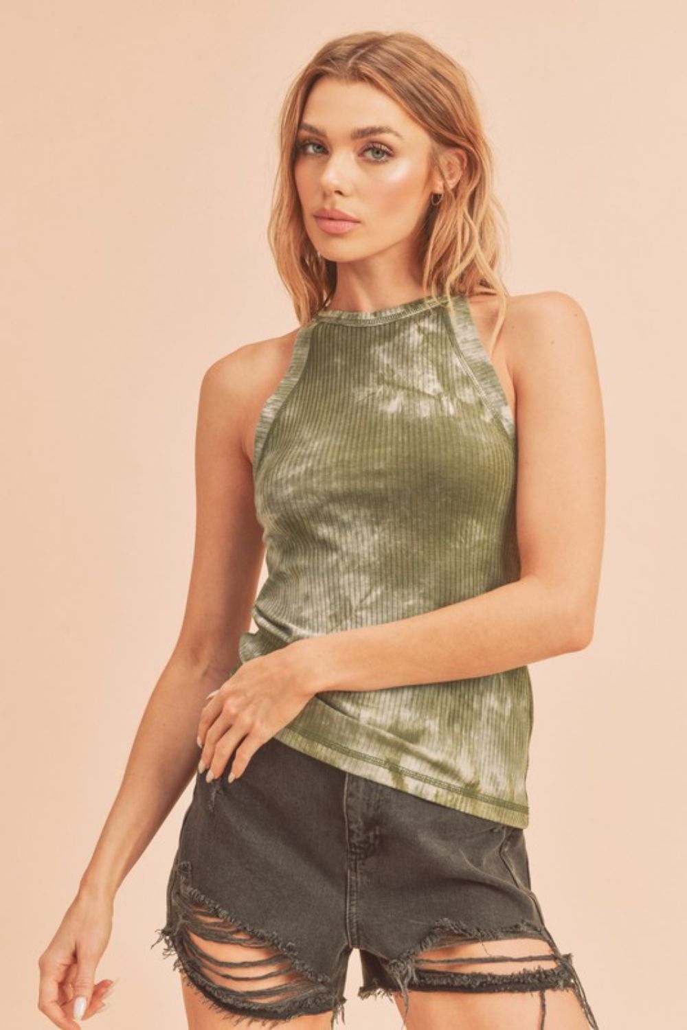 Ribbed tie-dye round neck tank, opaque and slightly stretchy.