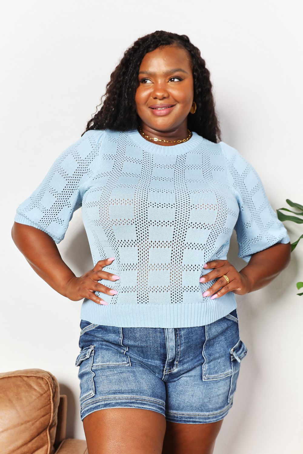 Mandy Ribbed Trim Round Neck Knit Top.