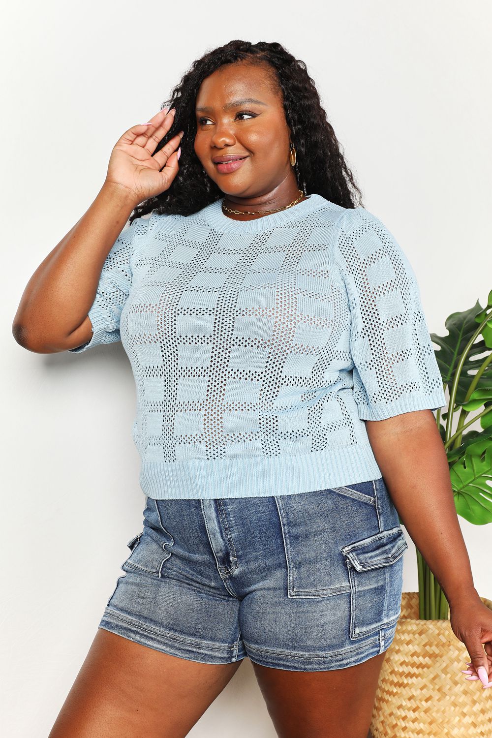Mandy Ribbed Trim Round Neck Knit Top.
