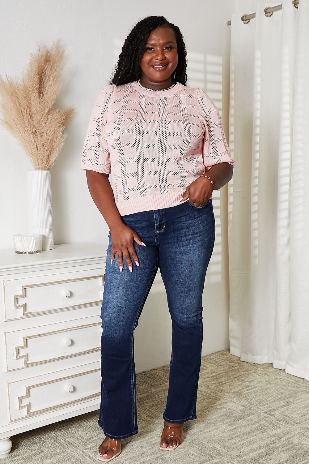 Mandy Ribbed Trim Round Neck Knit Top.
