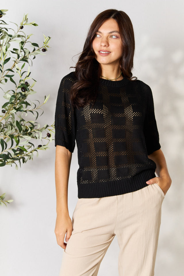 Mandy Ribbed Trim Round Neck Knit Top.