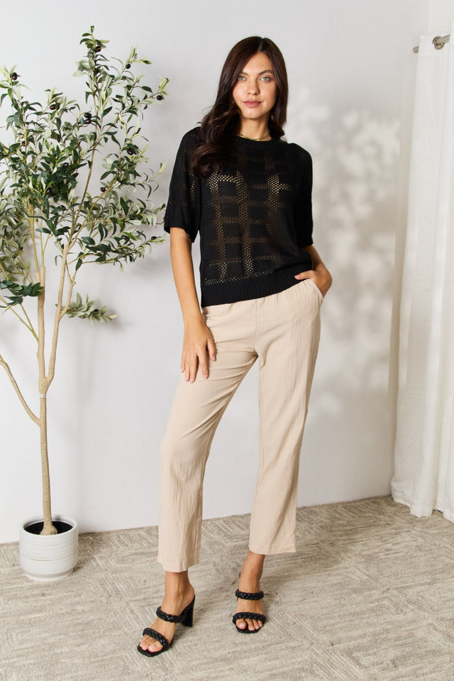 Mandy Ribbed Trim Round Neck Knit Top.