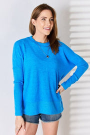 Zenana Ribbed Trim Round Neck Long Sleeve Top.