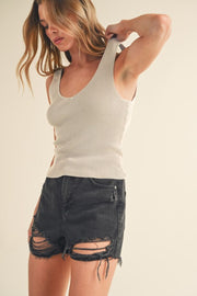 Ribbed wide strap knit tank, opaque and slightly stretchy.
