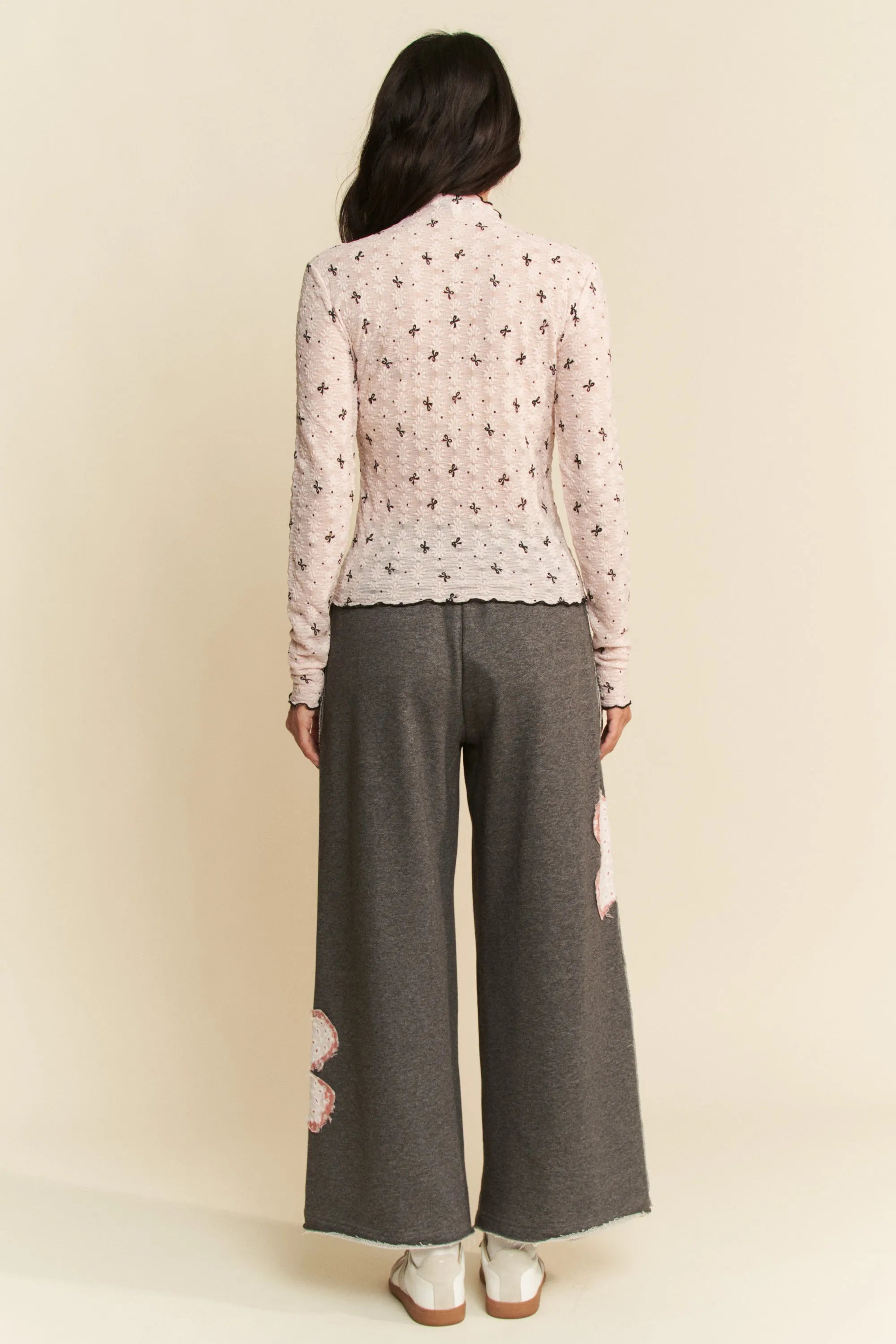 Davi Dani Ribbon Bow Lace Hem Long Sleeve Mesh Layering Top.