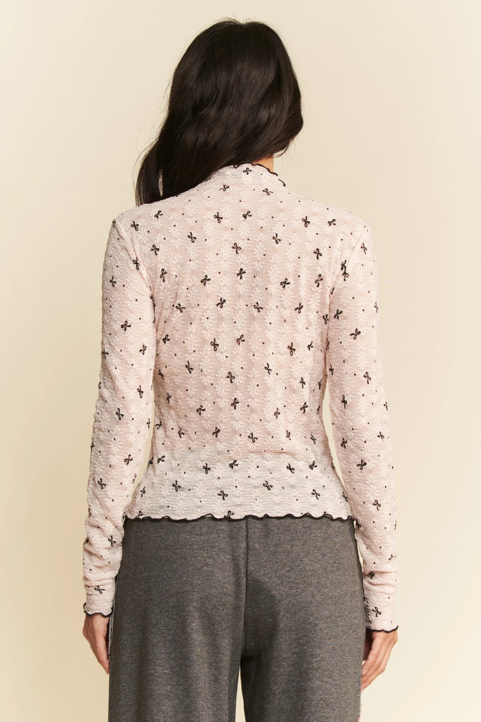 Davi Dani Ribbon Bow Lace Hem Long Sleeve Mesh Layering Top.