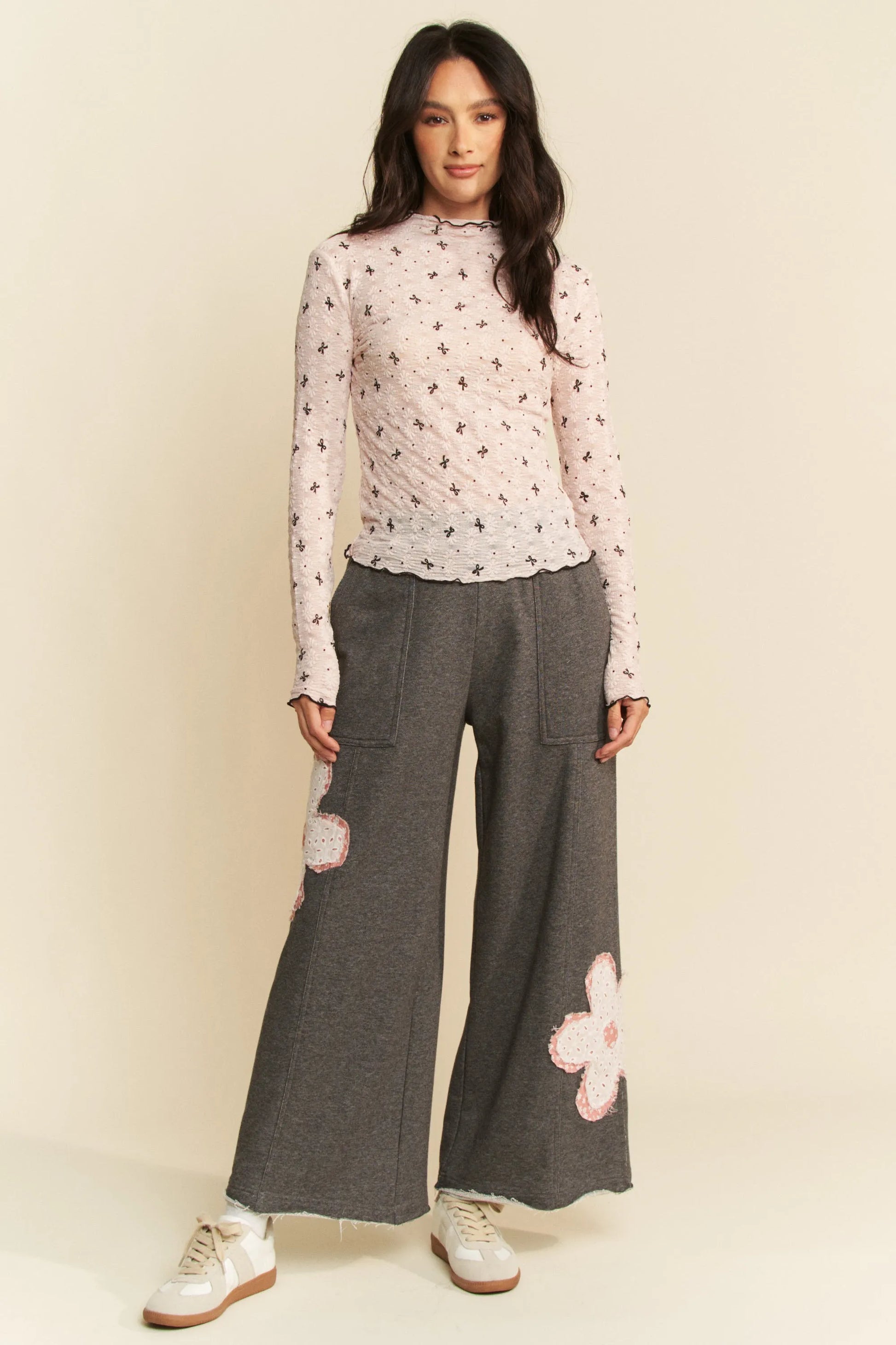 Davi Dani Ribbon Bow Lace Hem Long Sleeve Mesh Layering Top.