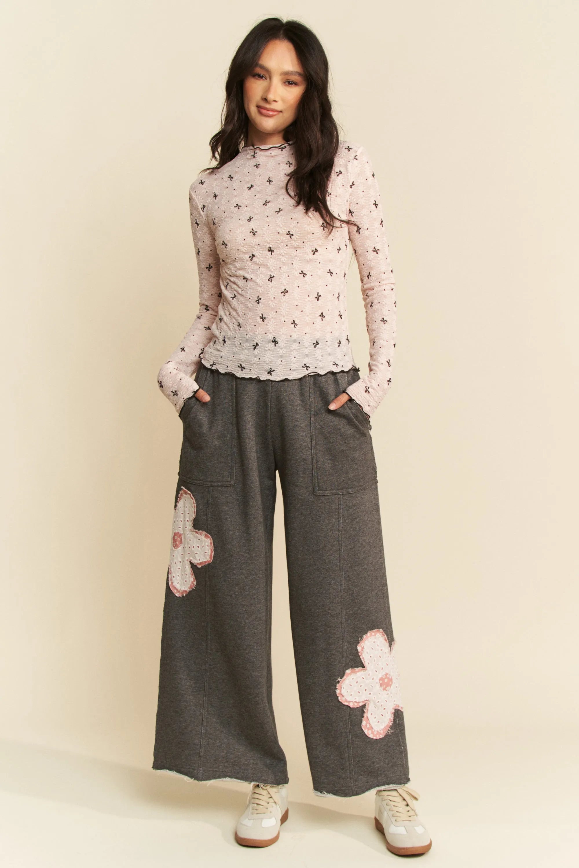 Davi Dani Ribbon Bow Lace Hem Long Sleeve Mesh Layering Top.
