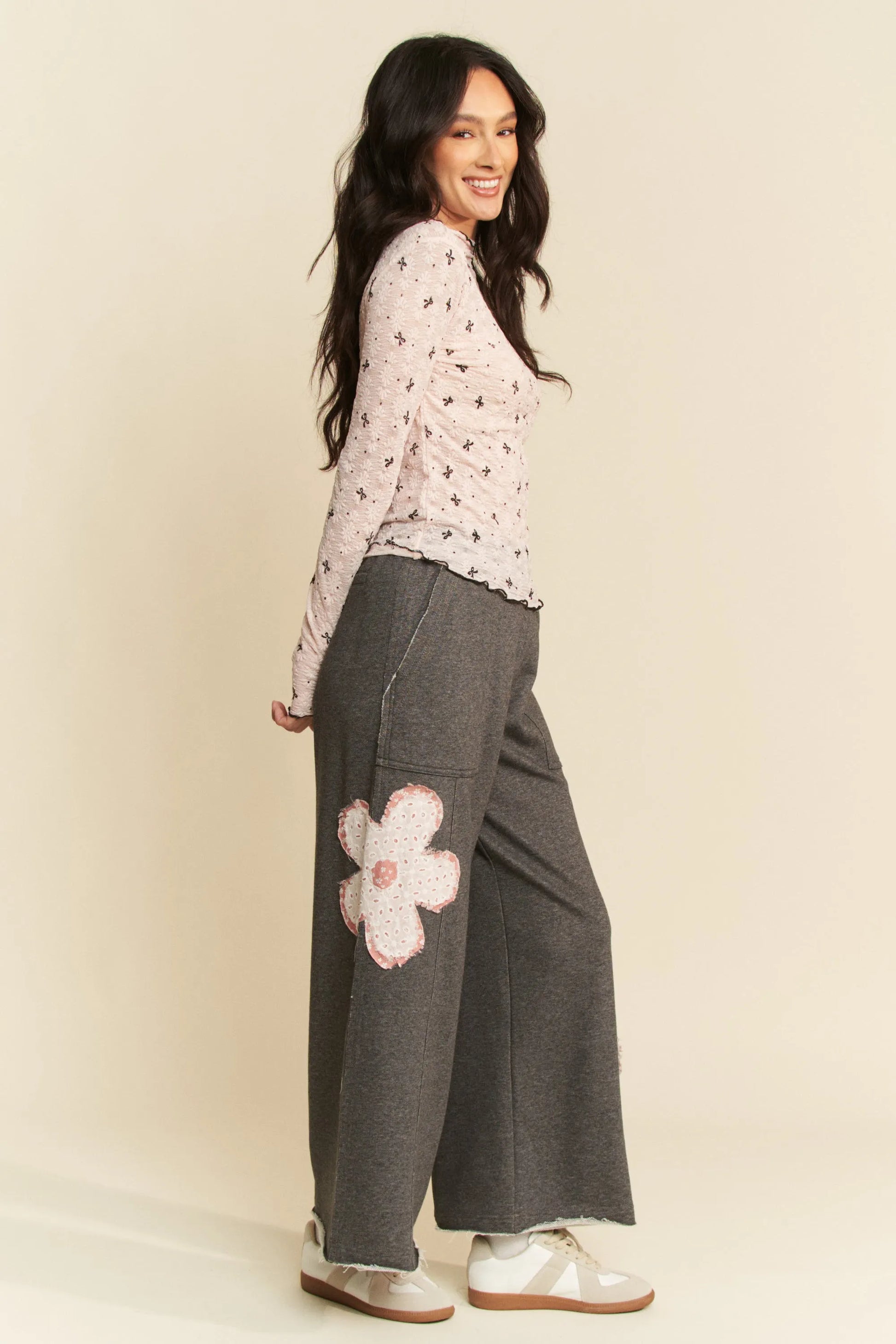 Davi Dani Ribbon Bow Lace Hem Long Sleeve Mesh Layering Top.