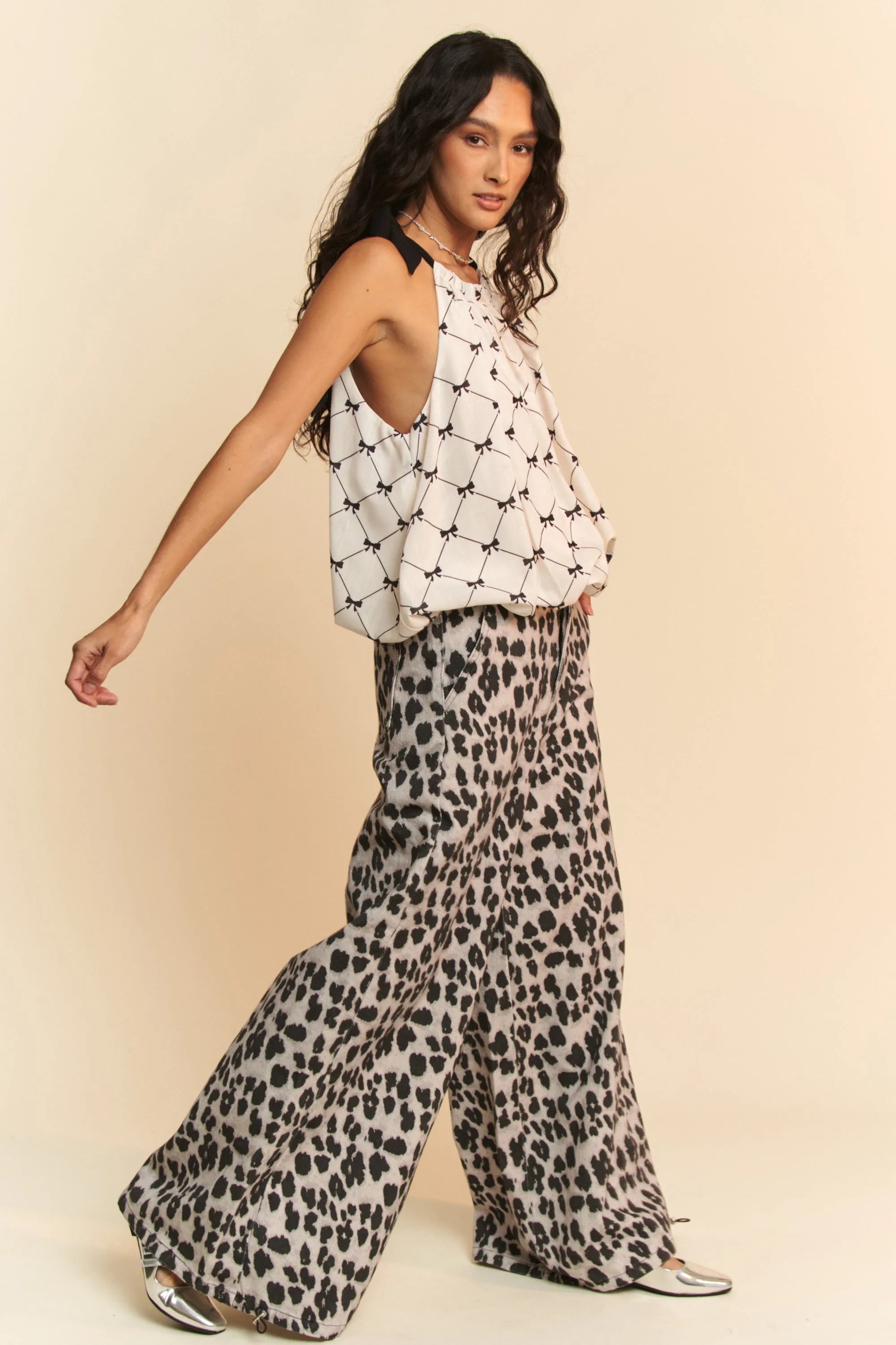 Ribbon checker printed tie halter neck blouse top, slightly stretchy.