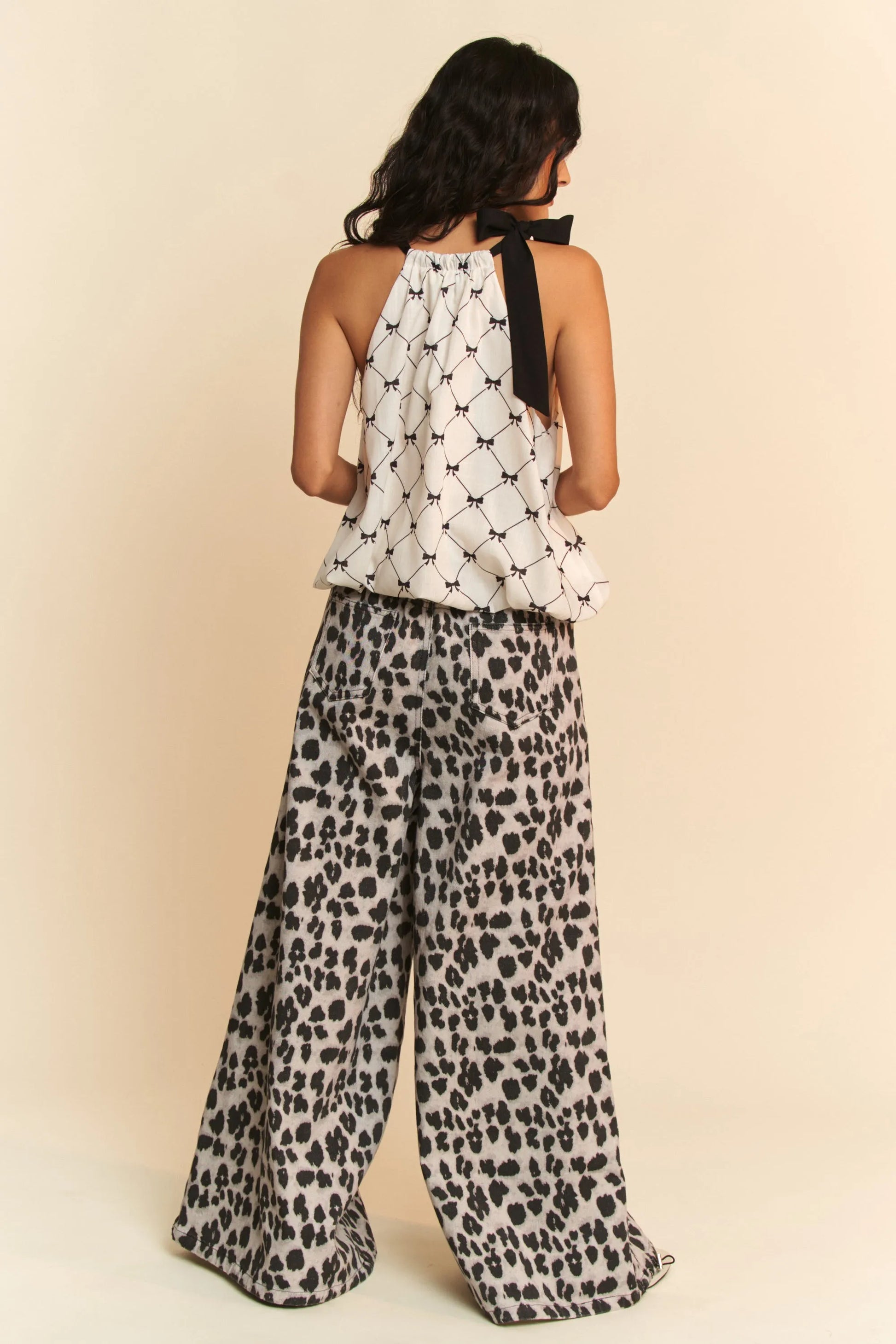 Ribbon checker printed tie halter neck blouse top, slightly stretchy.