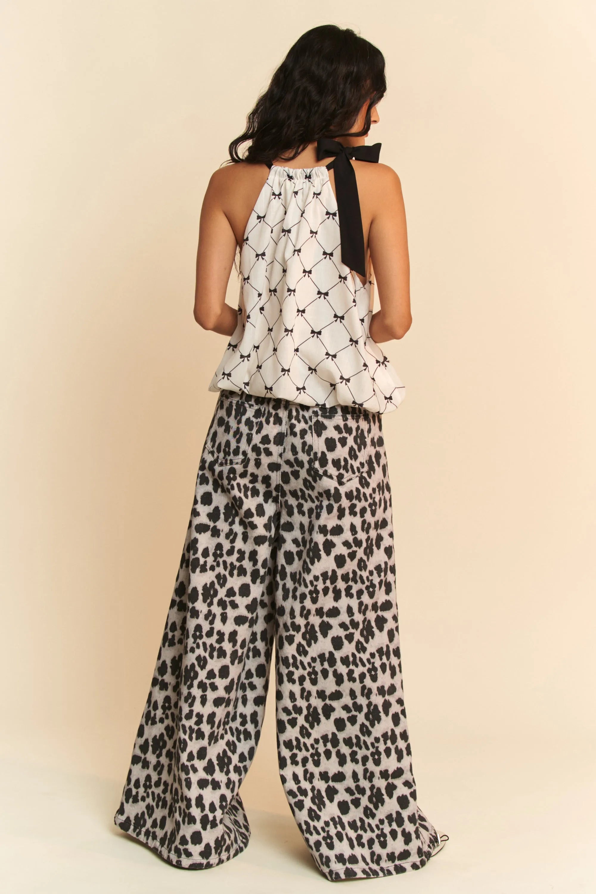 Ribbon checker printed tie halter neck blouse top, slightly stretchy.