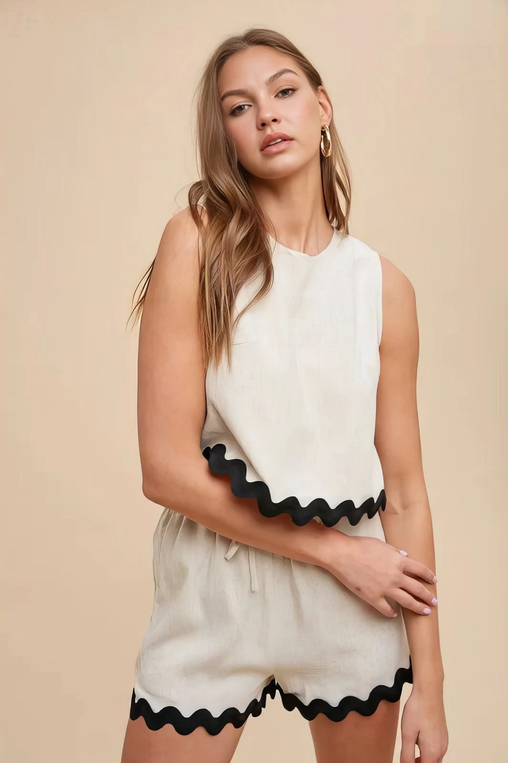 Ric rac trim detailed top and shorts set, women's playful two-piece outfit, cute ric rac trim, comfortable viscose linen blend, frill details, contrast stitching, drawstring shorts, slightly stretchy fabric, perfect for casual gatherings