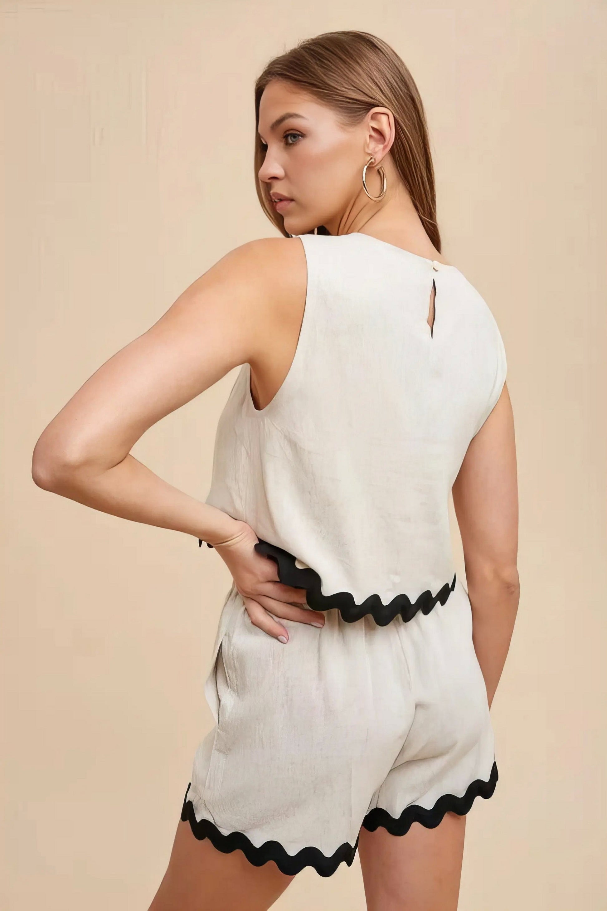 Ric rac trim detailed top and shorts set, women's playful two-piece outfit, cute ric rac trim, comfortable viscose linen blend, frill details, contrast stitching, drawstring shorts, slightly stretchy fabric, perfect for casual gatherings