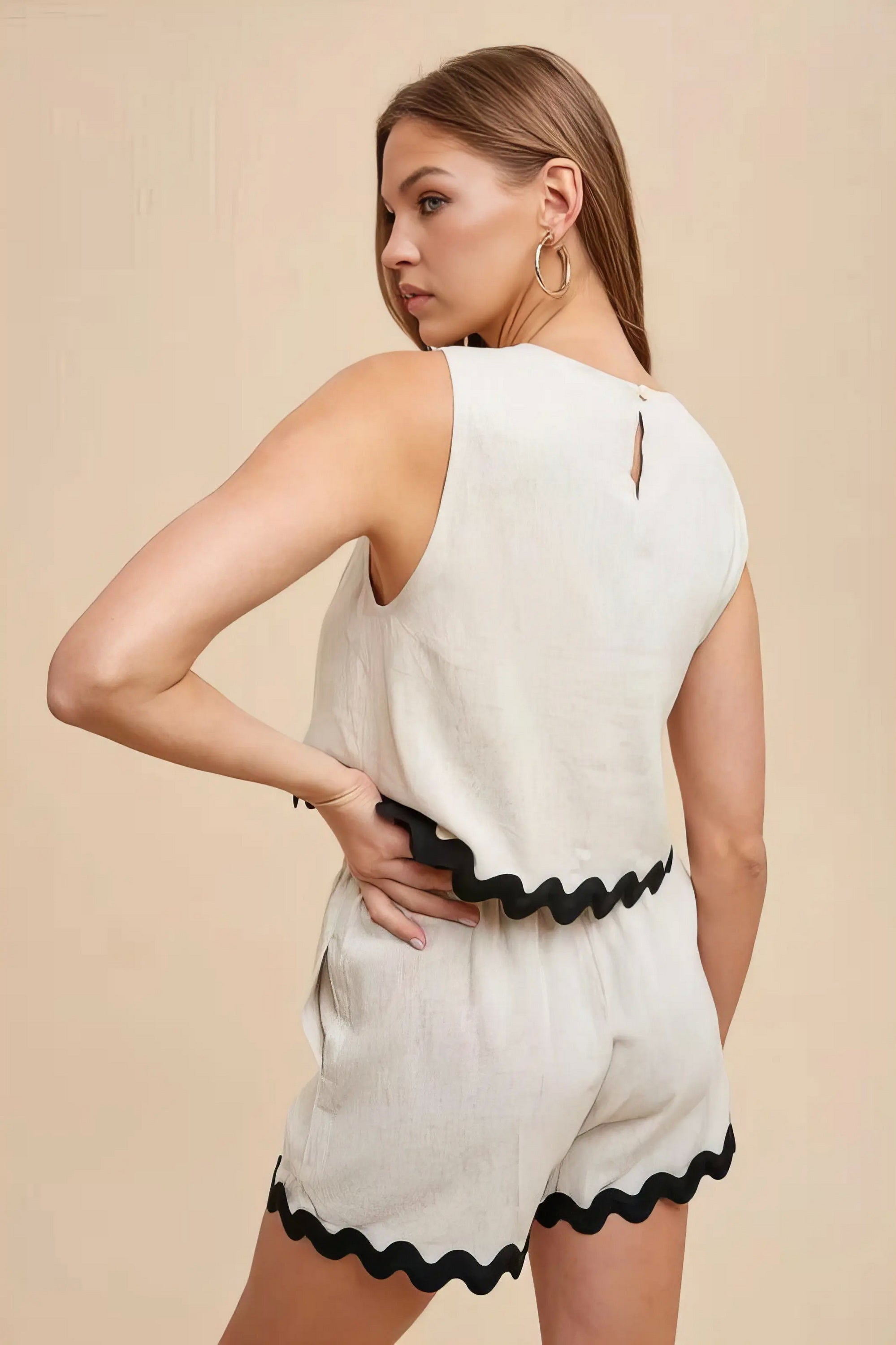 Ric rac trim detailed top and shorts set, women's playful two-piece outfit, cute ric rac trim, comfortable viscose linen blend, frill details, contrast stitching, drawstring shorts, slightly stretchy fabric, perfect for casual gatherings